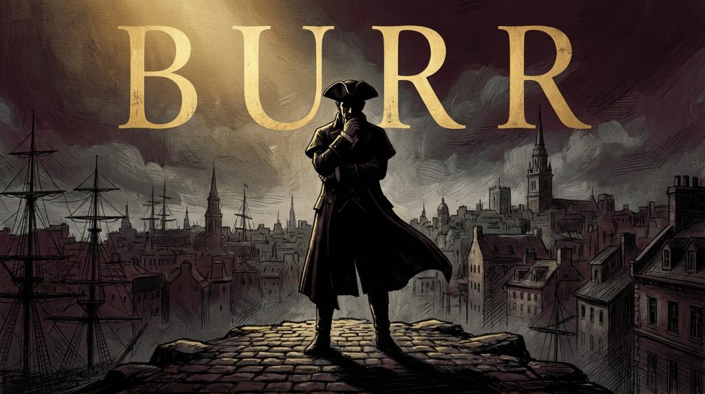Poster art for Burr: a silhouetted Aaron Burr standing above a harbor skyline at dusk